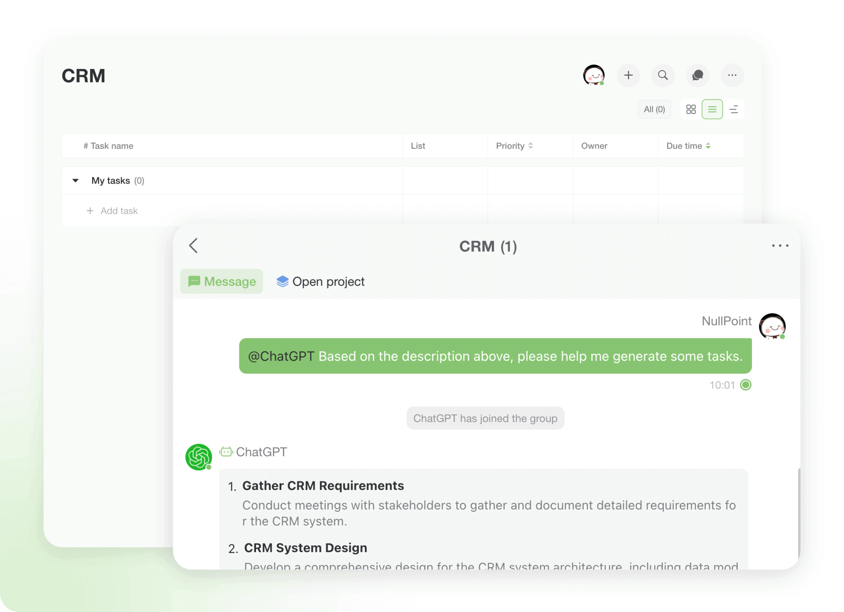 Click ‘@Bot’, describe your request and AI will analyze your project content, automatically extract key information, and remind you to supplement missing details.